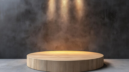 Poster - Empty round wooden podium illuminating by three spotlights on concrete background