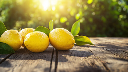 Poster - Freshly picked lemons resting on rustic wooden table in sunlit orchard