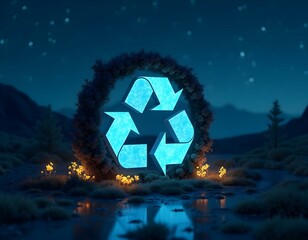 3D ecology symbol rendered under a clear night sky filled with stars, with a glowing effect on the symbol and bioluminescent plants surrounding it create with ai