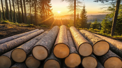 Poster - Freshly cut spruce timber waiting in a forest clearing at sunset