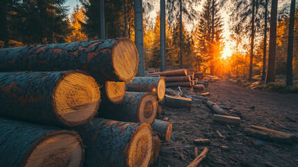 Aufkleber - Freshly cut timber logs waiting in a forest at sunset