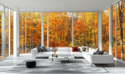 Canvas Print - Bright living room with light wood bed, panoramic windows and golden autumn forest outside