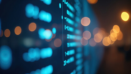 Poster - Blurred Stock Market Data Display: Blurred digital display of stock market data in blue hues, with bokeh lights creating a futuristic, abstract look.