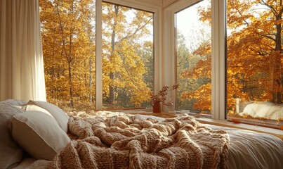 Wall Mural - Scandinavian bedroom, light wood bed, warm blankets, panoramic windows, autumn foliage in warm tones