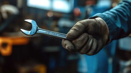 Poster - Mechanic gripping a wrench in a well-equipped car workshop, ready to start repairs