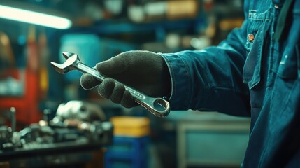 Poster - Mechanic gripping a wrench in a well-equipped car workshop, ready to start repairs