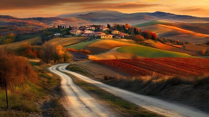 village in the distance with rolling hills full of autumn colors, a dirt road winding through, and a soft golden sunset illuminating the landscape