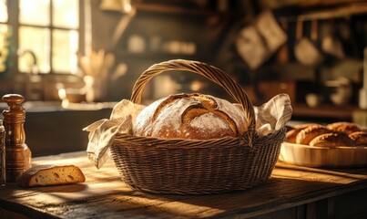 Freshly baked bread in a basket, rustic kitchen