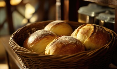 Wall Mural - Freshly baked bread in a basket, rustic kitchen