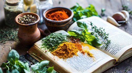 A closeup of a variety of fresh herbs and spices arranged on a wooden table, perfect for a healthy and delicious meal