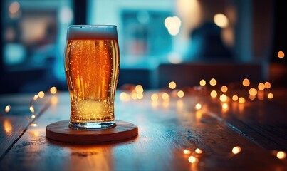 Wall Mural - Glass of light beer on wooden coaster, garland lights on background