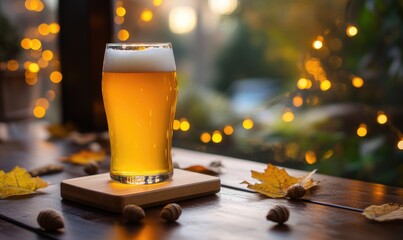 Wall Mural - Glass of light beer on wooden coaster, garland lights on background