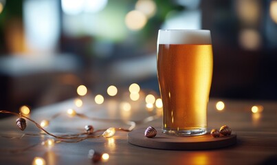 Wall Mural - Glass of light beer on wooden coaster, surrounded by garland lights