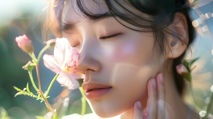 A candid close-up of a young Japanese woman holding a flower near her face