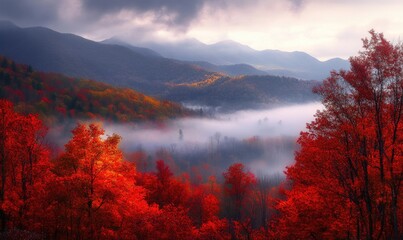 Wall Mural - Majestic autumn morning, mountain range, red and orange leaves