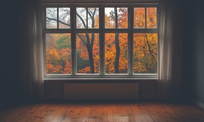 Canvas Print - Minimalist room, wide window, overlooking rainy autumn day