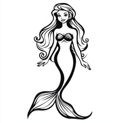 Outline illustration of a black and white mermaid for drawing and coloring on white background