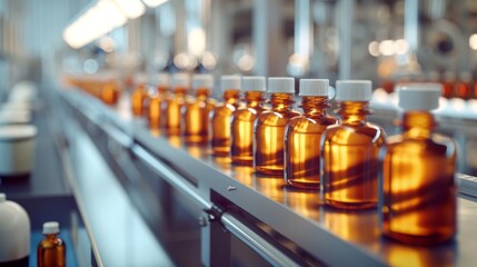 Poster - A series of amber bottles glide smoothly along a conveyor in a busy manufacturing plant. The bright lights reflect off their surfaces, creating a vibrant atmosphere of productivity