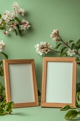 Two wooden photo empty mockup frames of the same size placed on flower and leaves green background. Concept of interior decoration and furniture design. 