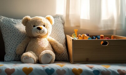 Plush bear leaning against pillow, heart-patterned sheets