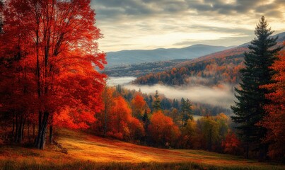 Wall Mural - Scenic fall morning, mountain range, orange and red leaves