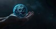 © SKIMP Art - A pair of hands holding the Earth hologram, glowing with blue light and surrounded by a dark background The planet is depicted in full detail against the black space Generative AI