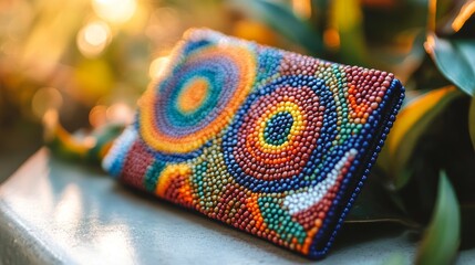 A colorful purse with a pattern of triangles and squares