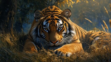 Canvas Print - A tiger laying in the grass with its eyes closed, AI