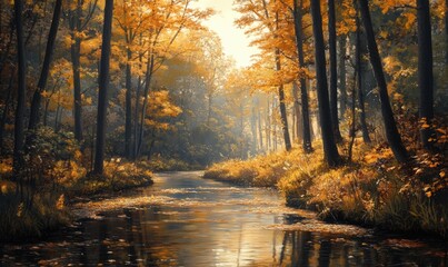 Wall Mural - Tranquil fall landscape, dense woods, amber leaves