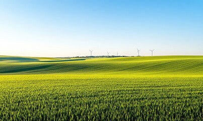 Wall Mural - Vast cornfields, wind turbines in the distance, green expanse