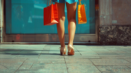 A girlâs legs and shopping bags, with her wearing fashionable shoes, walking down the street