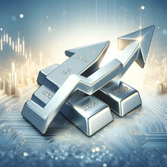 Poster - Photo Realistic Silver Bars with Sideways Arrow on Dreamy Background, Symbolizing Stable Silver Commodity Value   Photo Stock Concept