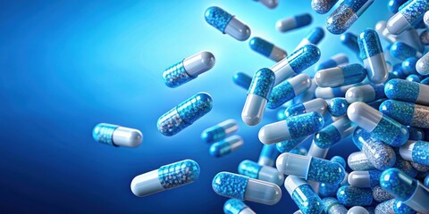 Capsules floating in blue background representing pharmaceutical development and innovation in medicine