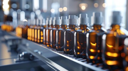 Poster - A series of amber glass bottles stands aligned on a moving conveyor belt, reflecting gentle light in a contemporary manufacturing environment, showcasing precision and efficiency in production