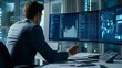 © Plaifah - Professional analyzing a 3D bar chart on a high-resolution monitor, with detailed data and business documents on the desk