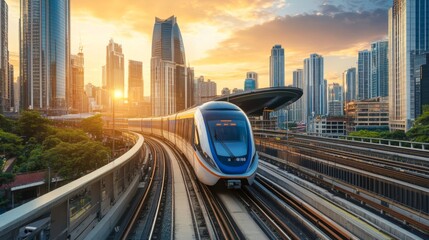 Fototapete - sky trains and mass transportation station with modern building in city background