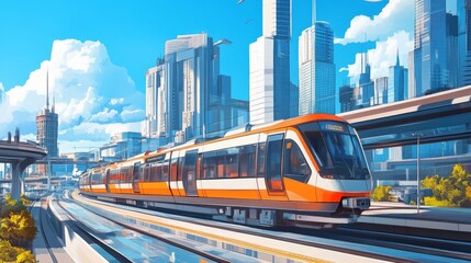 Poster - sky trains and mass transportation station with modern building in city background