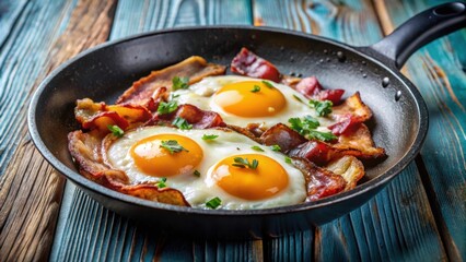 Close up shot of perfectly fried eggs and crispy bacon on a skillet , breakfast, delicious, food, cooking, meal, tasty, brunch