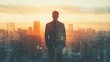 © Plaifah - The double exposure image of the business man standing back during sunrise overlay with cityscape image. The concept of modern life, business, city life and internet of things