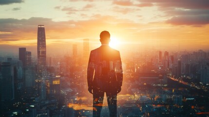 Aufkleber - The double exposure image of the businessman standing back during sunrise overlay with cityscape image. The concept of modern life, business, city life and internet of things.