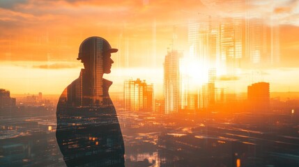 Poster - The double exposure image of the engineer standing back during sunrise overlay with cityscape image. The concept of engineering, construction, city life and future.