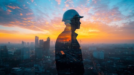 Poster - The double exposure image of the engineer standing back during sunrise overlay with cityscape image. The concept of engineering, construction, city life and future.