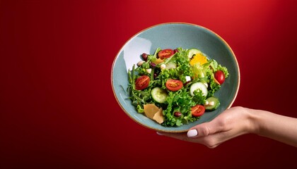 Wall Mural - a plate with a salad of greens and vegetables in hand on a bright background with space for text. vegetarian concept.
