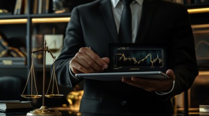 Fototapete - Using tablet pc, Consultant between bookkeepers and accounting lawyer consultation about asset, balance sheet, stock market statistics and yearly tax law, protect business from bribery.