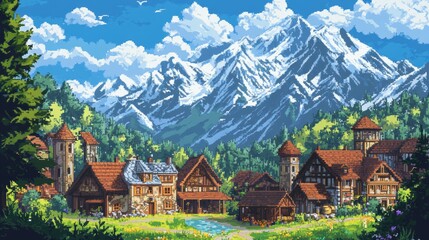 Pixel art village nestled beneath towering mountains, featuring vibrant colors and a picturesque, serene atmosphere.