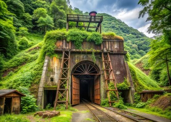 Abandoned Manda Coal Mine entrance, a World Heritage Site in Arao, Kumamoto, Japan, featuring rusty gate and overgrown vegetation surrounding the 274m deep shaft.