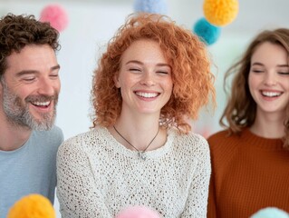 Family decorating their home for a summer party, laughing together