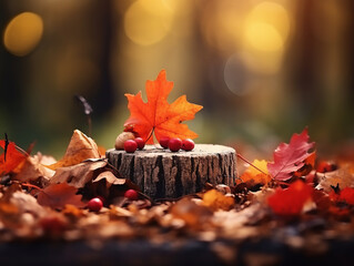 Wall Mural - Luxurious red leaves during autumn leaf fall on wooden table