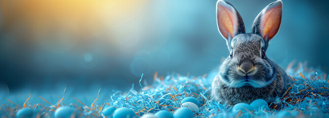 A cute rabbit sits in a nest of blue grass surrounded by Easter eggs under warm morning light. This stock photo captures the essence of Easter celebrations and springtime joy