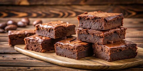 Wall Mural - Delicious and indulgent chocolate brownies on a wooden table , dessert, sweet, baked, homemade, cocoa, rich, fudgy, treat